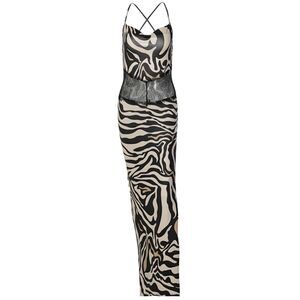 Women's Zebra Stripe Lace Maxi Dress Spaghetti Strap Backless Bodycon Size S